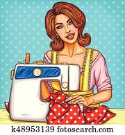 vecteur, sauter art, illustration, de, a, jeune femme, couturière, couture, sur, a, machine coudre