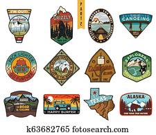 Vintage hand drawn travel badges set. Camping labels concepts. Mountain expedition logo designs. Outdoor hike emblems. Camp logotypes collection. Stock patches isolated on white background. Vintage hand drawn travel badges set. Camping labels concepts. Mountain expedition logo designs. Outdoor hike emblems. Camp logotypes collection. Stock patches isolated on white background.