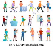 Housekeeping icons set, cartoon style Housekeeping icons set, cartoon style