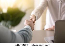 primer plano, de, hembra, y, macho, entregue sacudir, empresa / negocio, sociedad, co