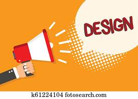 Writing note showing Design. Business photo showcasing plan drawing produced to show look function or workings of building Man holding megaphone loudspeaker bubble orange background halftone. Writing note showing Design. Business photo showcasing plan drawing produced to show look function or workings of building Man holding megaphone loudspeaker bubble orange background halftone.