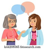 Doctor and senior patient. Woman talking to physician. Vector illustration.