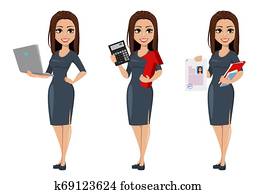 moderno, joven, mujer de negocios, en, gris, vestido