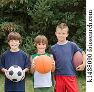 niños, con, deportes, pelotas