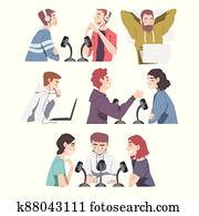 אנשים, לעשות, חיה, אודיו, podcasts, set,, רדיו, מארחים, להתקשר, עם, אורחים, ב, אולפן, ציור היתולי, סיגנון, וקטור, דוגמה