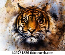 tiger collage on color abstract background, rust structure tiger collage on color abstract background, rust structure