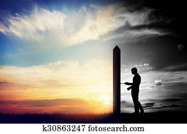 Man trying to open door to new better world. Conceptual change, two worlds