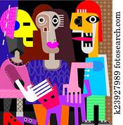 Two women, a man and a cat