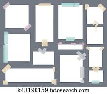 White paper sheets with scotch tape set. Sticky papers  adhesive sellotape stripes vector illustration