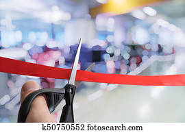 מספריים, are, לחתוך, אדום, ribbon., לפתוח טקס, או, event.