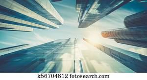 cidade, em, nuvens, 3d, fazendo