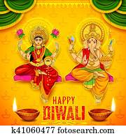Goddess Lakshmi and Lord Ganesha on happy Diwali Holiday doodle background for light festival of India Goddess Lakshmi and Lord Ganesha on happy Diwali Holiday doodle background for light festival of India