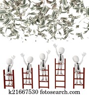 3d man on ladder trying to catch money from above