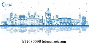 Outline Como Italy City Skyline with Blue Buildings and Reflections. Outline Como Italy City Skyline with Blue Buildings and Reflections.