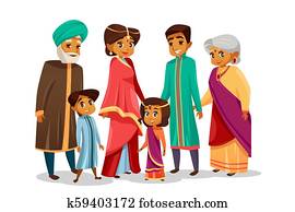 caricatura, indianas, família, em, nacional, traje