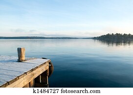 vista, sobre, um, pacata, lago