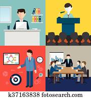 Business man meeting, conference and brainstorming in flat style.