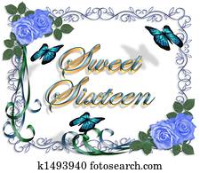 doce, 16, aniversário, azul, rosas, borda