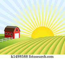 Farm and fields at sunrise Farm and fields at sunrise