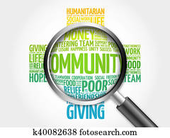 Community word cloud with magnifying glass, cross concept 3D illustration