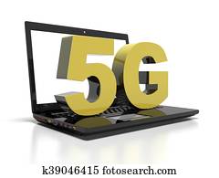 symbol 5G on a laptop computer, high-speed wireless communication concept, 3d render symbol 5G on a laptop computer, high-speed wireless communication concept, 3d render