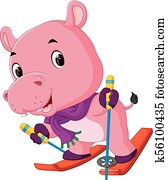 hipopótamo, tocando, esquiando