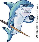 ציור היתולי, צרף, כריש, עם, סימן, ו, כדור