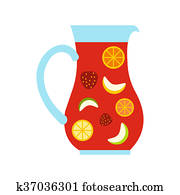 Jar and glass of fresh sangria icon, flat style Jar and glass of fresh sangria icon, flat style