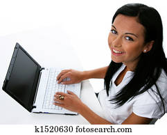 mulher jovem, com, computadores, em, a, secretariado, com, computador