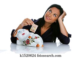 Young woman with piggy bank and euro bank notes