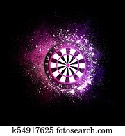Darts board flying in violet particles. Darts board flying in violet particles.