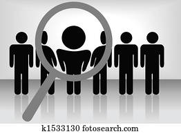 Magnifying Glass Chooses Silhouette Person in People Row Magnifying Glass Chooses Silhouette Person in People Row