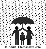 Parents protect child with umbrella in rain Parents protect child with umbrella in rain