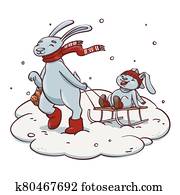 Cartoon rabbit pulling sledge with baby rabbit. Cute hand drawn illustration of family and winter activity with sledging, snowfall and snowdrift. Cartoon rabbit pulling sledge with baby rabbit. Cute hand drawn illustration of family and winter activity with sledging, snowfall and snowdrift.