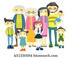 Happy extended asian family with many children.