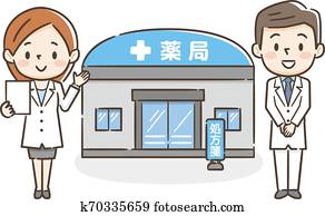 Illustration of a pharmacy and a pharmacist