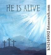 osterbilder, szene, mit, cross., jesus, christ., aquarell, abbildung