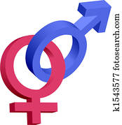 Red and blue male female 3D symbols interlocked
