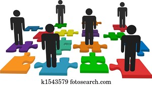 Symbol people team stand on jigsaw puzzle pieces Symbol people team stand on jigsaw puzzle pieces