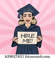 Young Woman Graduate Holding Hire Me Sign. Pop Art Vector illustration