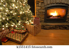 Weihnachten, kaminofen, herd, mit, kranz, und, strümpfe Stock Foto