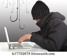 hacker, trabalhando, com, um, computador laptop, e, ganchos