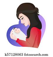 jeune, asiatique, mère, à, bébé, dans, elle, hands.