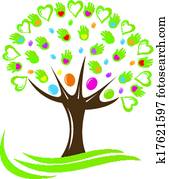 árbol, corazones, y, manos, logotipo