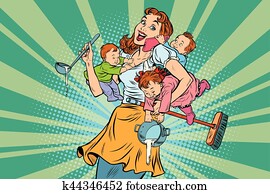 alegre, mãe, com, três crianças