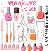 Cute cartoon manicure equipment vector set Cute cartoon manicure equipment vector set