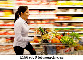 frau, mit, warenkorb, in, dass, supermarkt