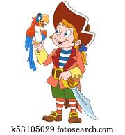 karikatúra, kalóz, és, papagáj