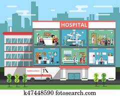 krankenhaus zimmer, mit, medizinische, personnels,, doktoren, und, patients., klinikgeb?ude, vektor, abbildungen krankenhaus zimmer, mit, medizinische, personnels,, doktoren, und, patients., klinikgeb?ude, vektor, abbildungen