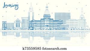 Outline Lansing Michigan City Skyline with Blue Buildings and Reflections. Outline Lansing Michigan City Skyline with Blue Buildings and Reflections.